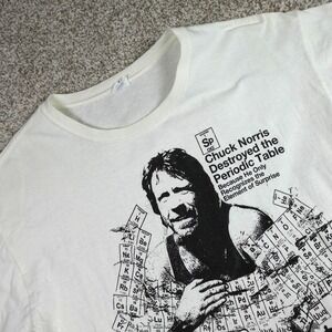 Chuck Norris Destroyed the Periodic Table Funny Graphic T-Shirt White Large